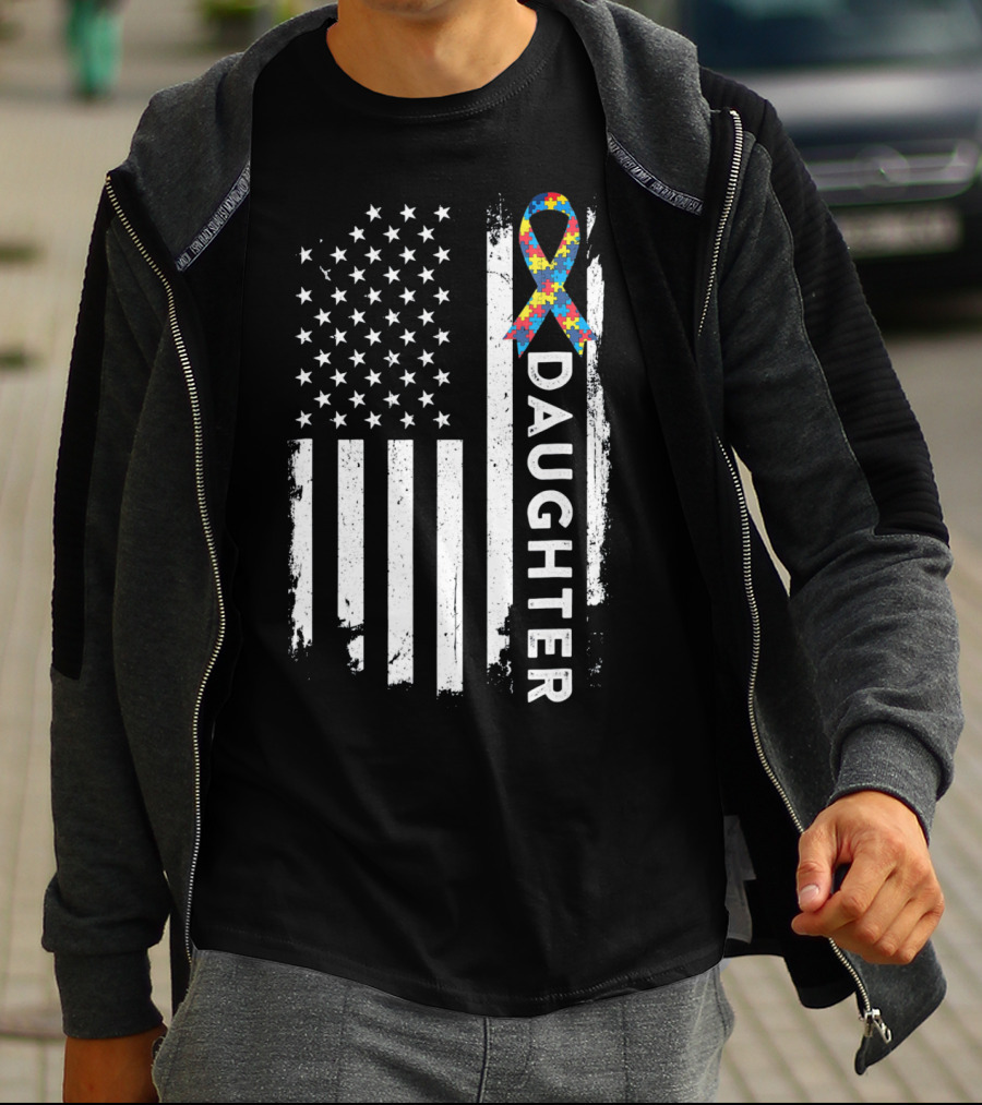 Daughter Autism Awareness American Flag Puzzle T-Shirt