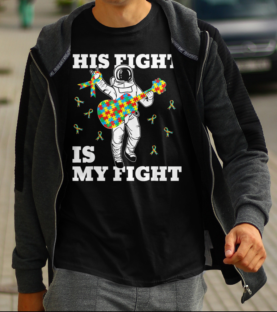 His Fight Is My Fight Autism Awareness Astronaut With Puzzle Guitar T-Shirt