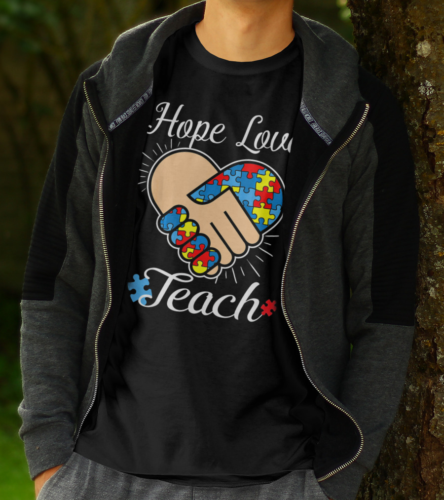 Hope Love Teach Autism Teacher Puzzle Heart Handshake T-Shirt