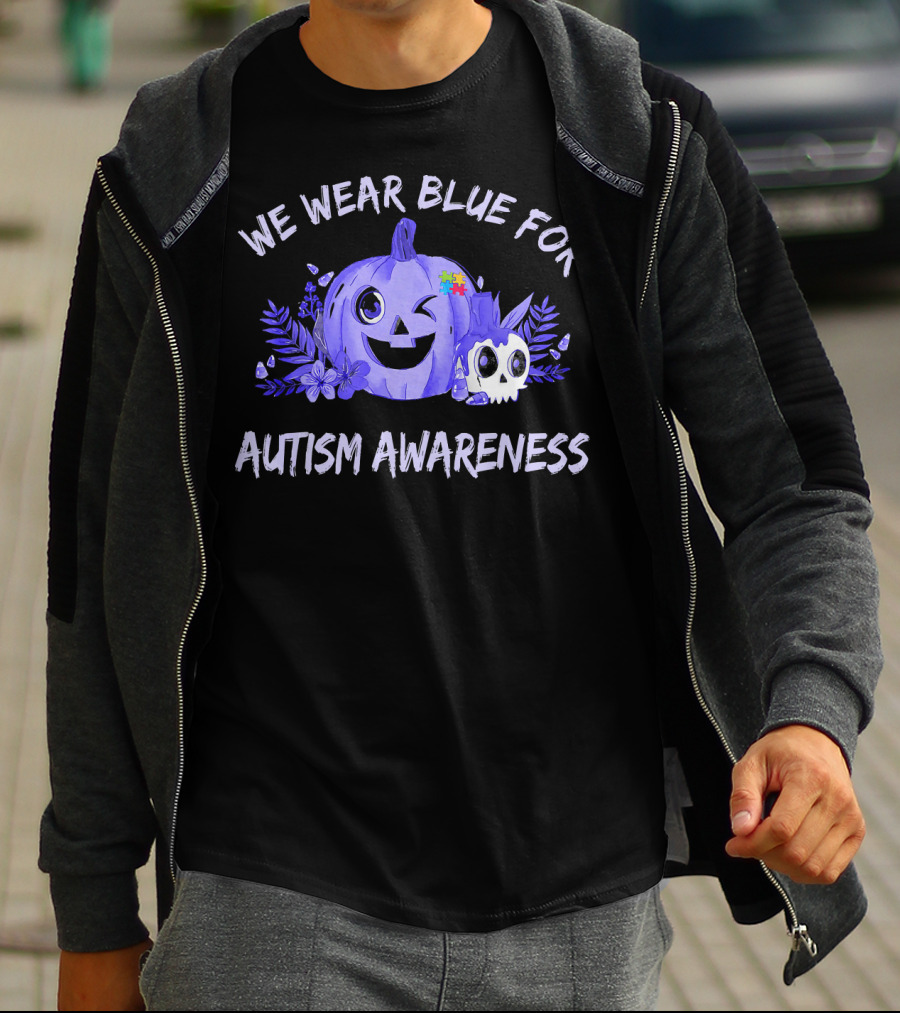 We Wear Blue For Autism Awareness Pumpkin Winking Face T-Shirt