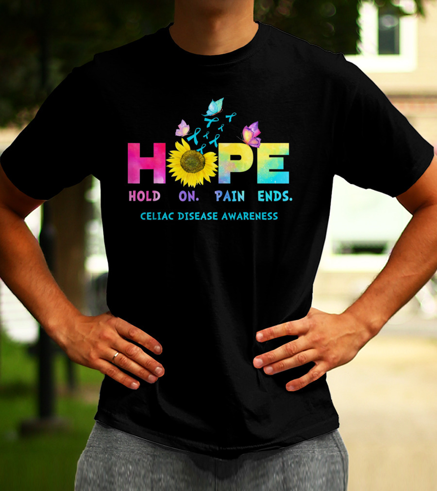 HOPE Hold On Pain Ends Celiac Disease Awareness Ribbon Sunflower Butterfly T-Shirt