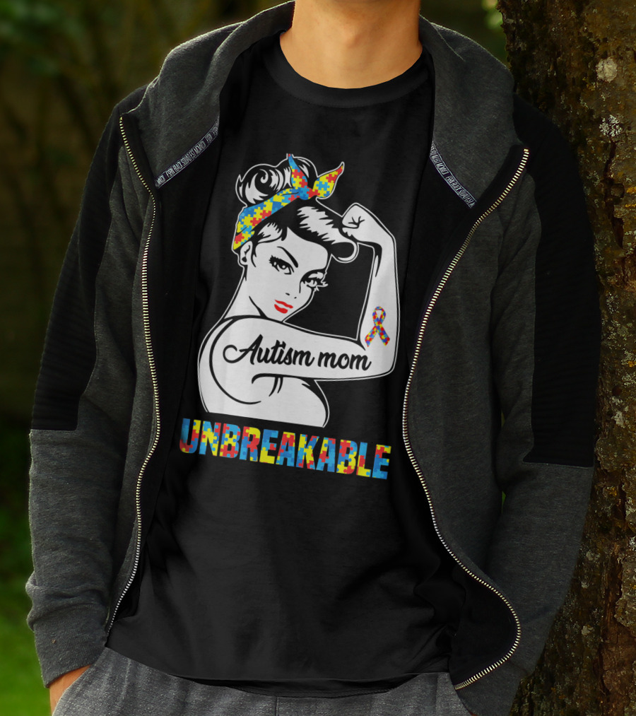 Autism Mom Unbreakable Autism Puzzle Ribbon Rosie The Riveter T-Shirt