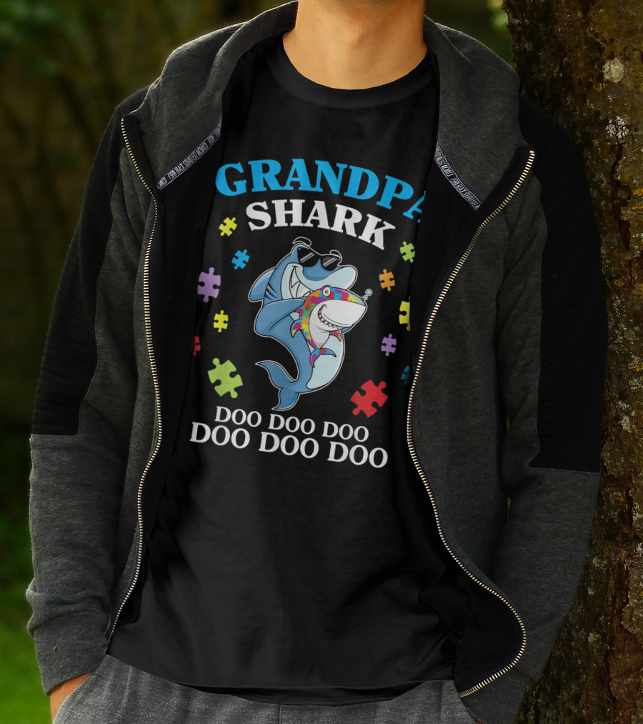 Grandpa Shark Doo Doo Doo Doo Funny Autism Puzzle Pieces T-Shirt