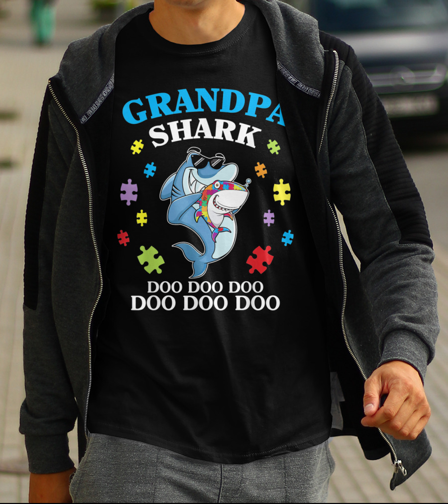 Grandpa Shark Doo Doo Doo Doo Funny Autism Puzzle Pieces T-Shirt