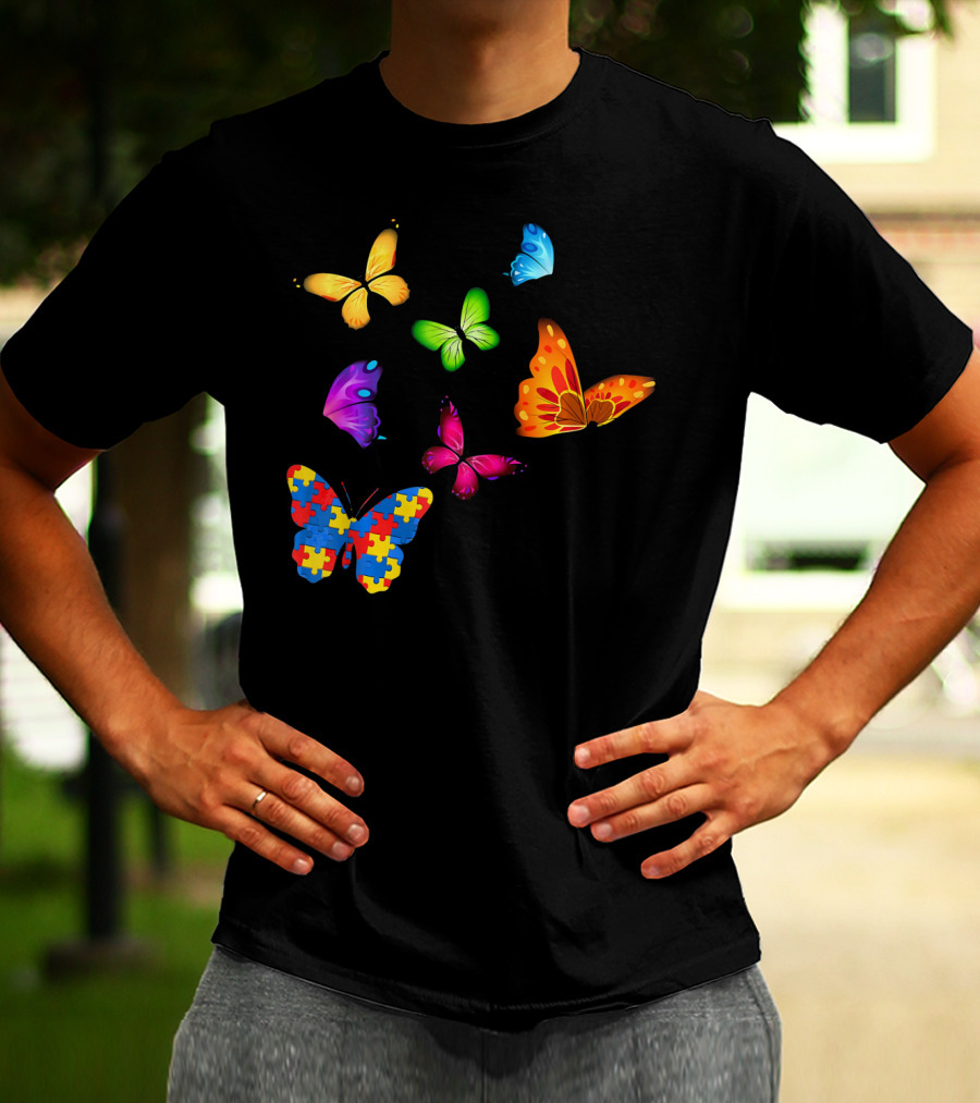 Autism Awareness Butterfly With Multicolored Puzzle T-Shirt