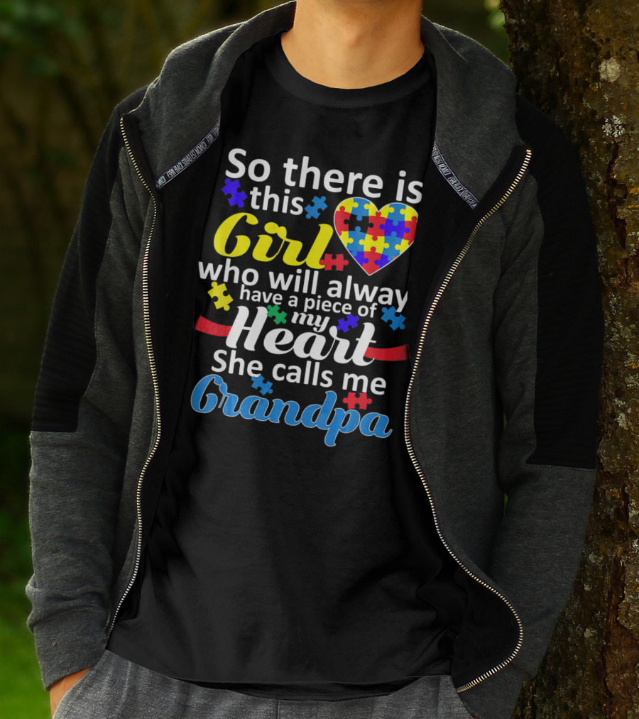 Autism Awareness Puzzle Heart Girl Grandpa T-Shirt