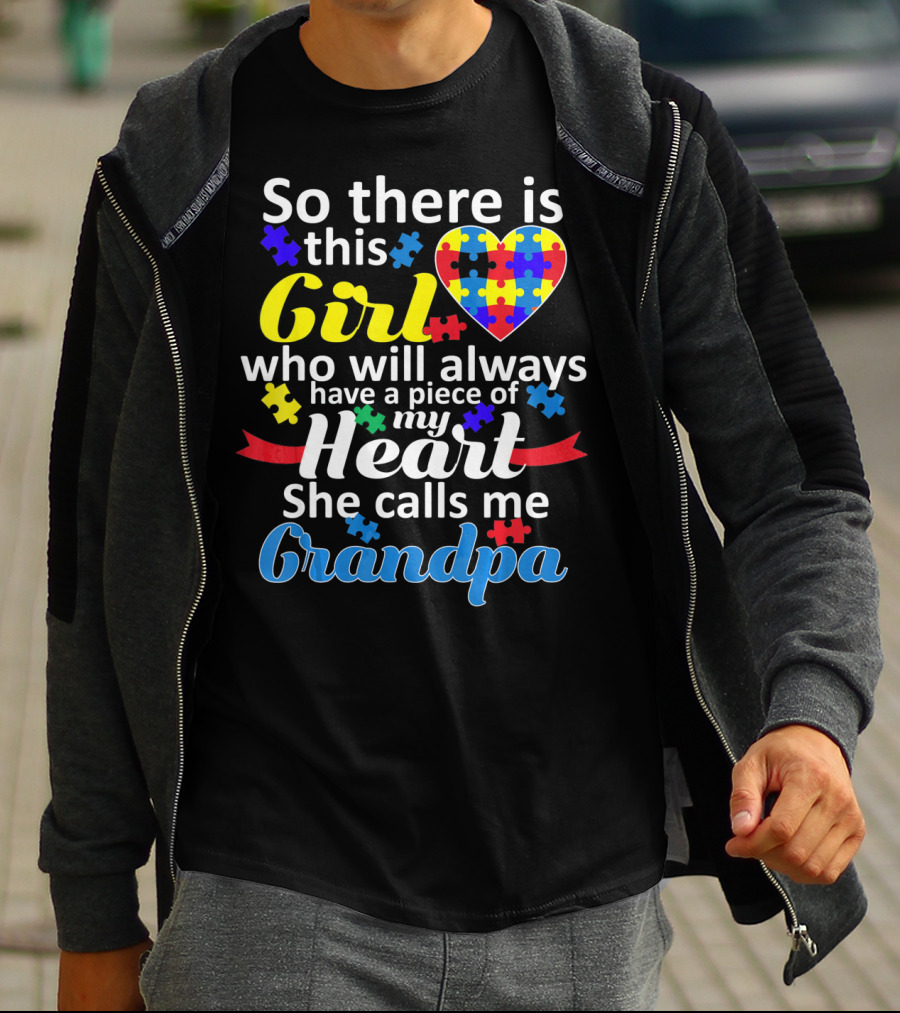 Autism Awareness Puzzle Heart Girl Grandpa T-Shirt