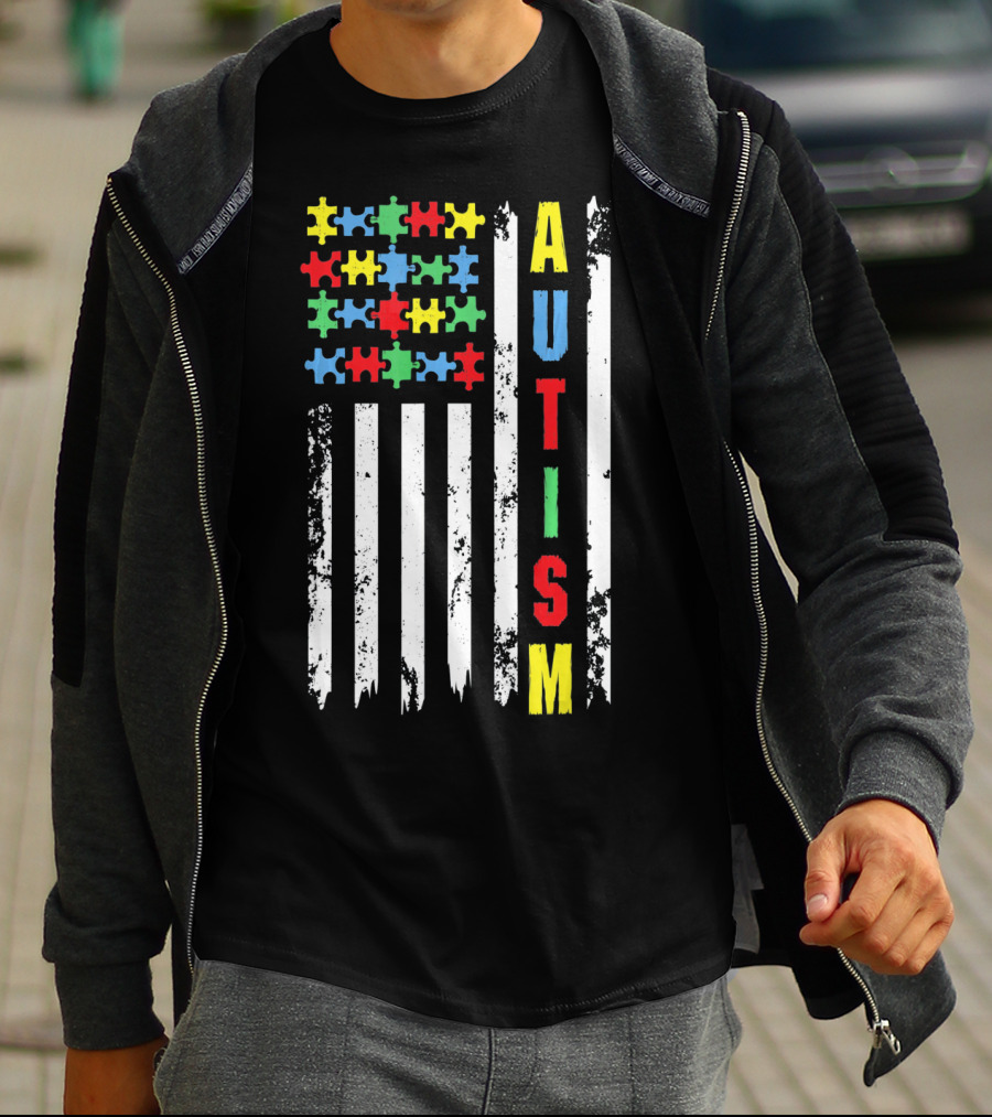 Autism Puzzle Piece Flag Fourth Of July Awareness T-Shirt