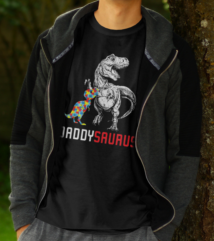 Daddysaurus Dinosaur With Colorful Puzzle Autism Awareness Dad T-Shirt