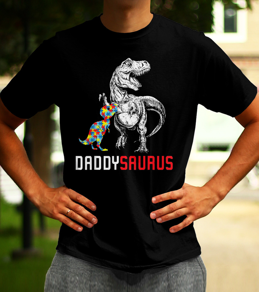 Daddysaurus Dinosaur With Colorful Puzzle Autism Awareness Dad T-Shirt