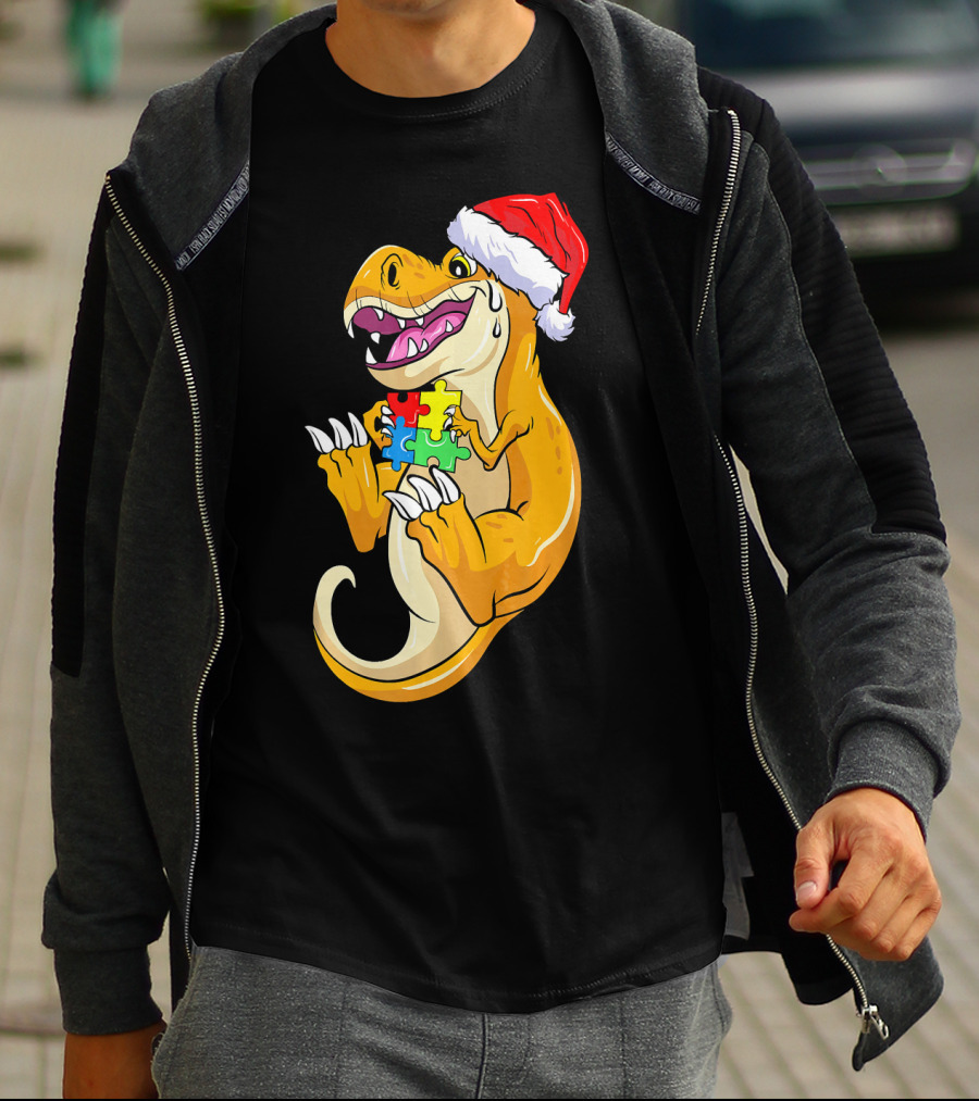 Christmas Autism Awareness Dinosaur Santa Hat Puzzle Pieces T-Shirt