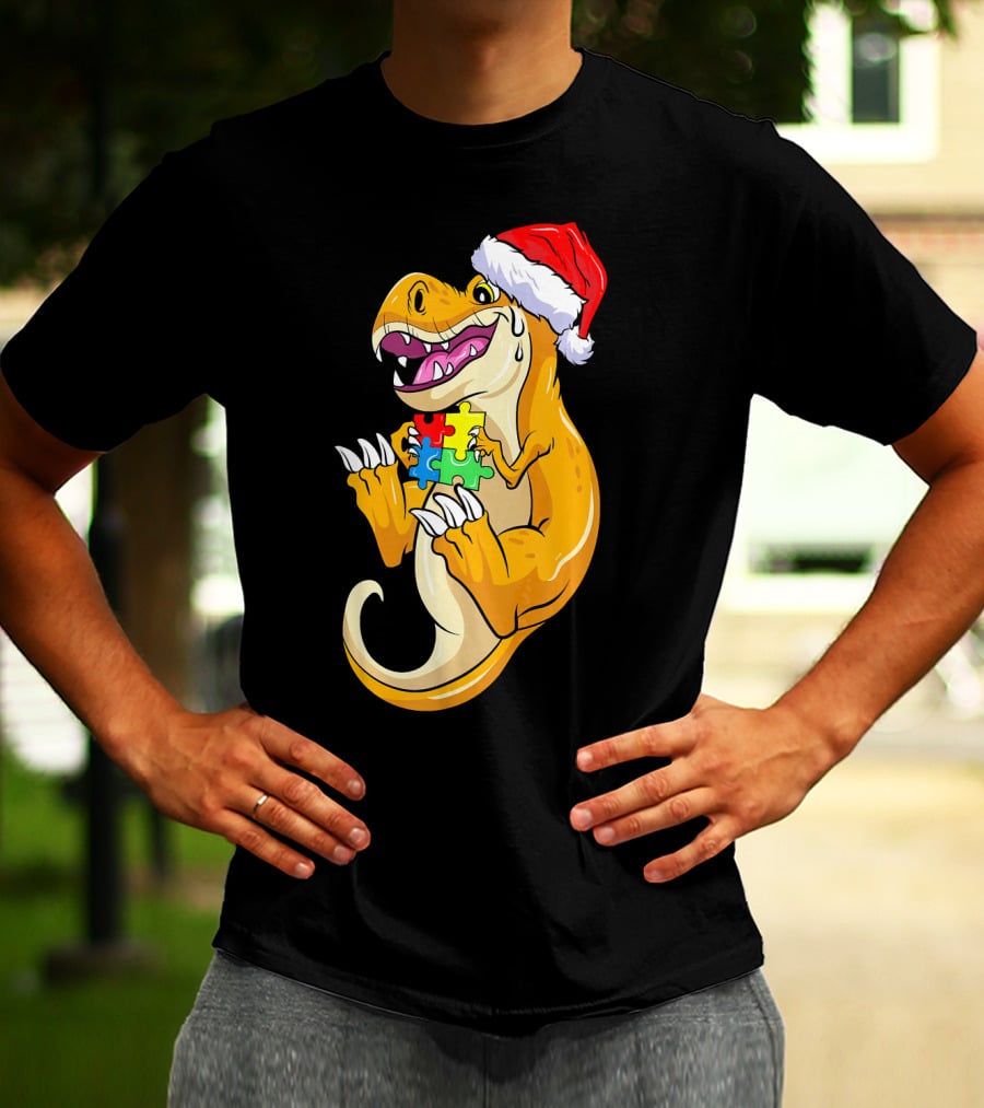 Christmas Autism Awareness Dinosaur Santa Hat Puzzle Pieces T-Shirt