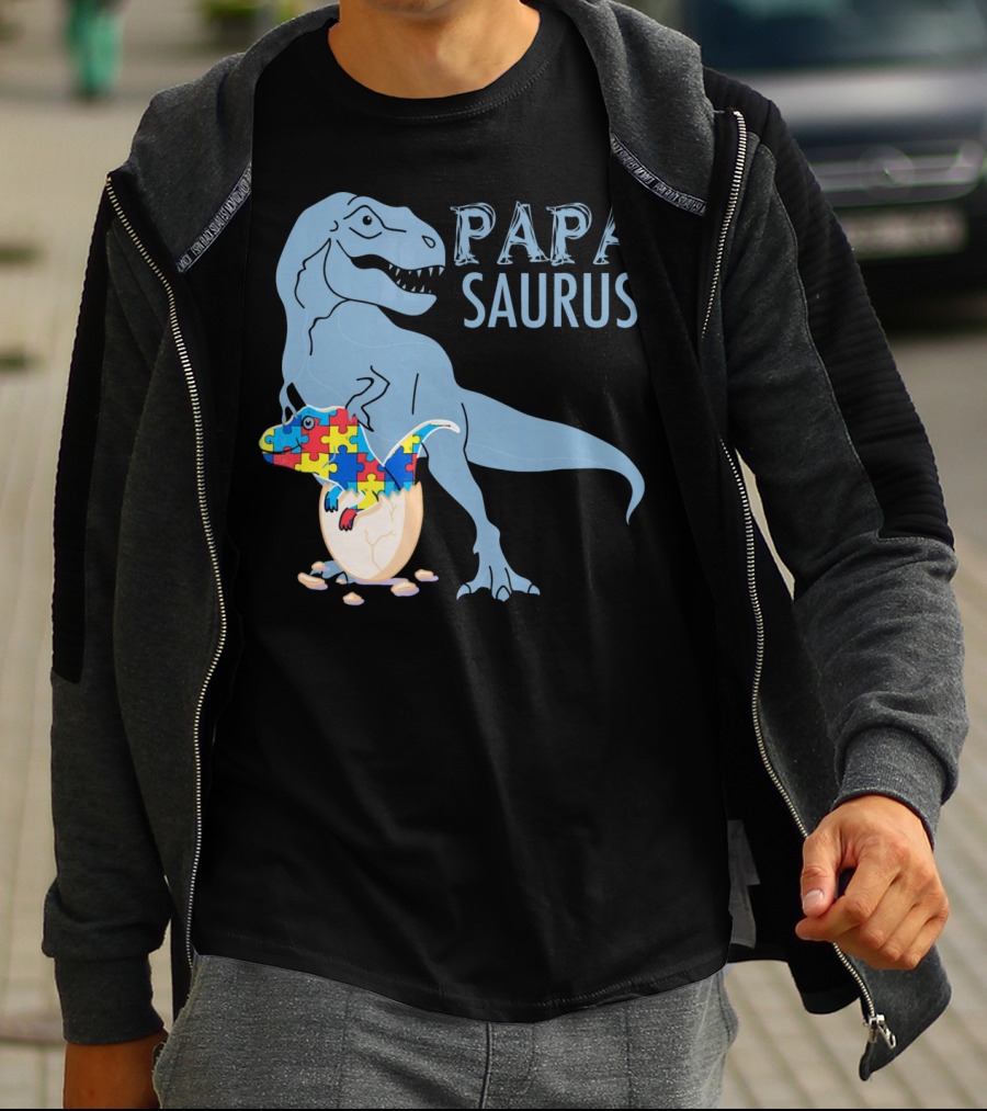 Papasaurus Autism Awareness Dinosaur Puzzle Pieces T-Shirt