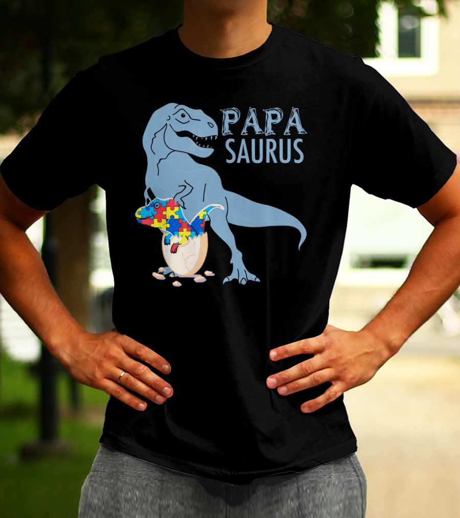 Papasaurus Autism Awareness Dinosaur Puzzle Pieces T-Shirt