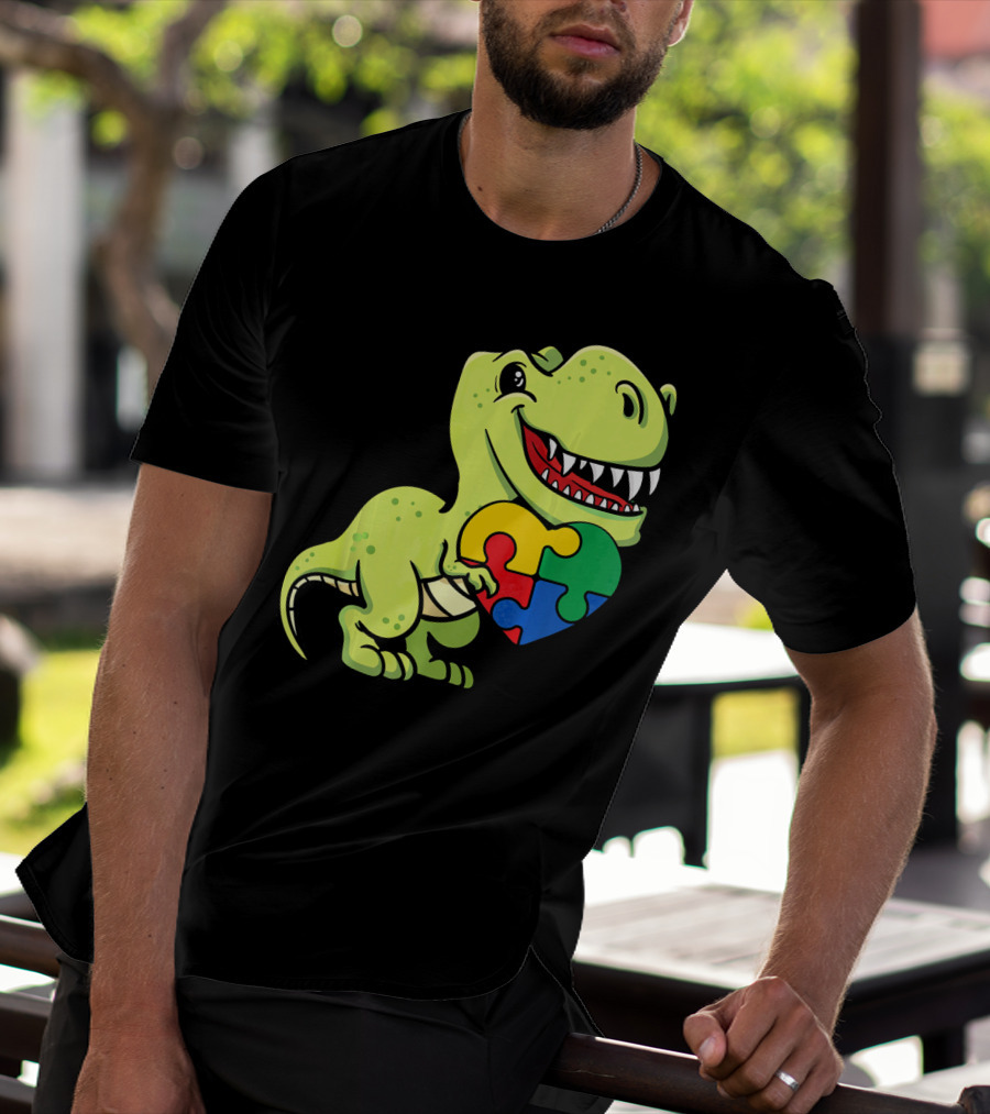 Autism Awareness Day Dinosaur T-Rex Holding Puzzle Heart T-Shirt