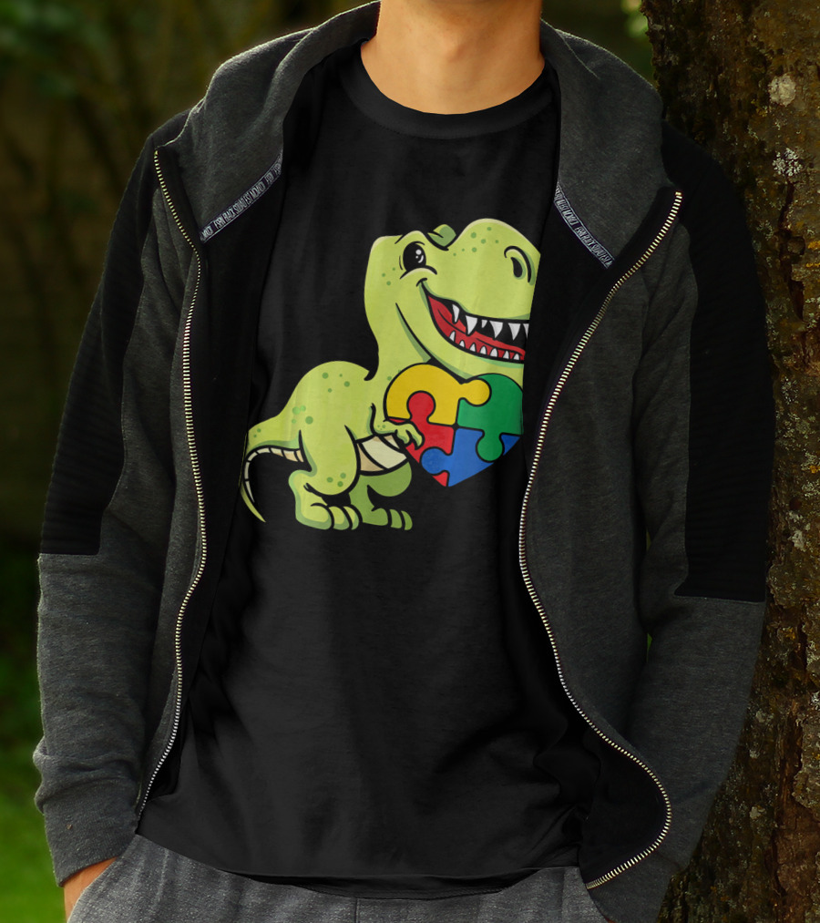 Autism Awareness Day Dinosaur T-Rex Holding Puzzle Heart T-Shirt