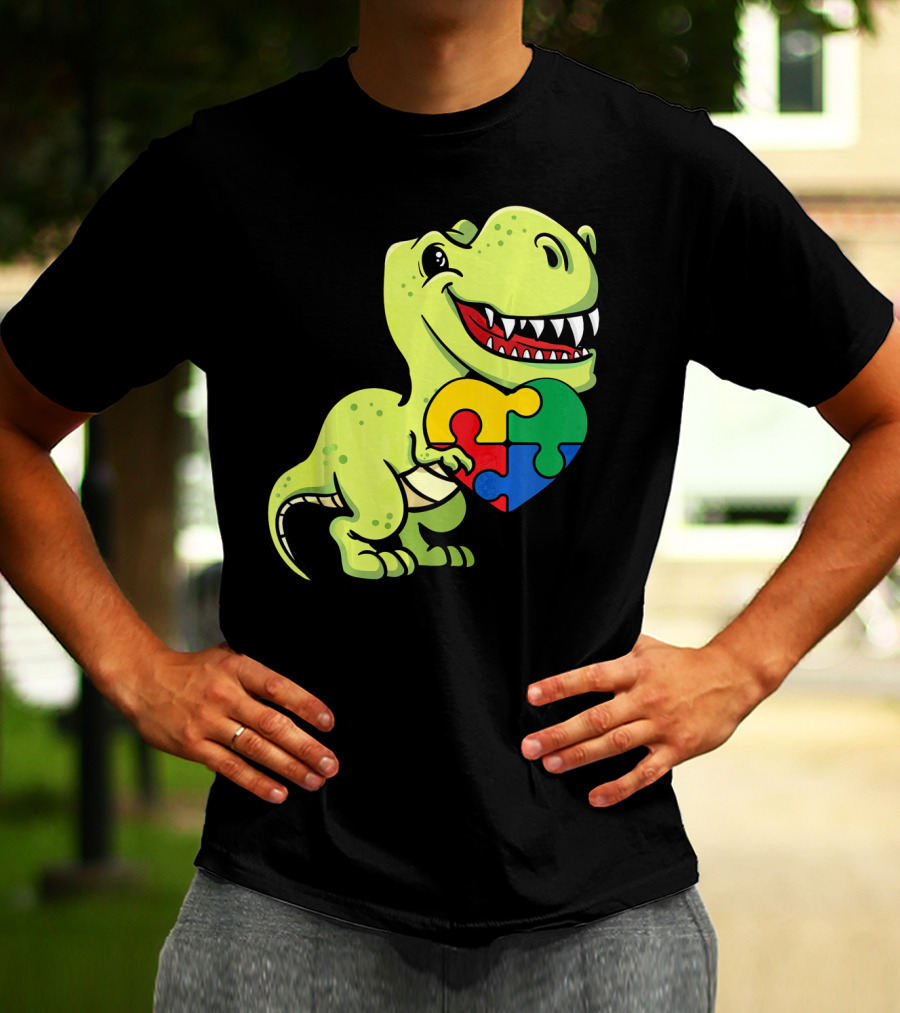 Autism Awareness Day Dinosaur T-Rex Holding Puzzle Heart T-Shirt