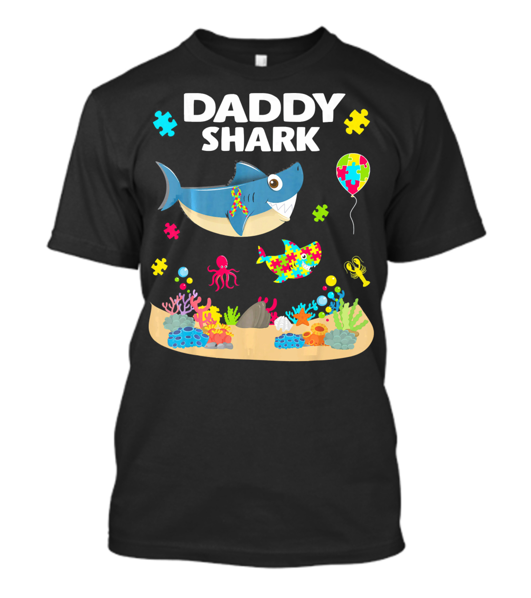 Daddy Shark Funny Autism Awareness Underwater Scene With Balloons And Puzzle Pieces T-Shirt