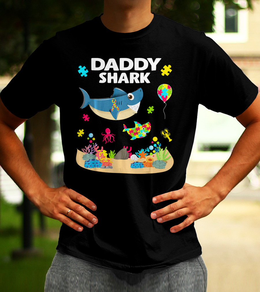 Daddy Shark Funny Autism Awareness Underwater Scene With Balloons And Puzzle Pieces T-Shirt