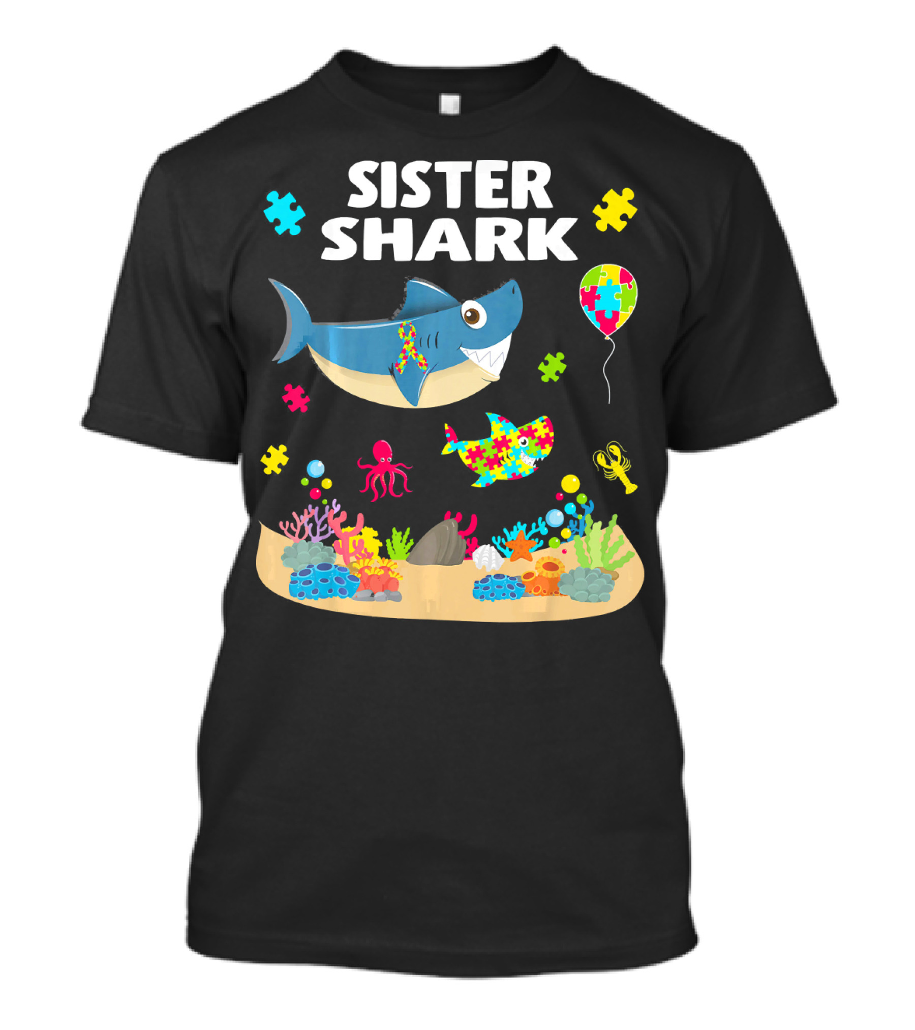 Sister Shark Autism Awareness Puzzle Pieces Ocean T-Shirt