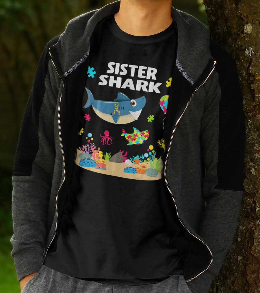 Sister Shark Autism Awareness Puzzle Pieces Ocean T-Shirt