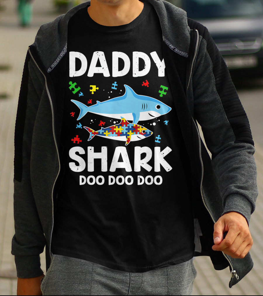 Daddy Shark Doo Doo Doo Autism Awareness Puzzle Piece T-Shirt