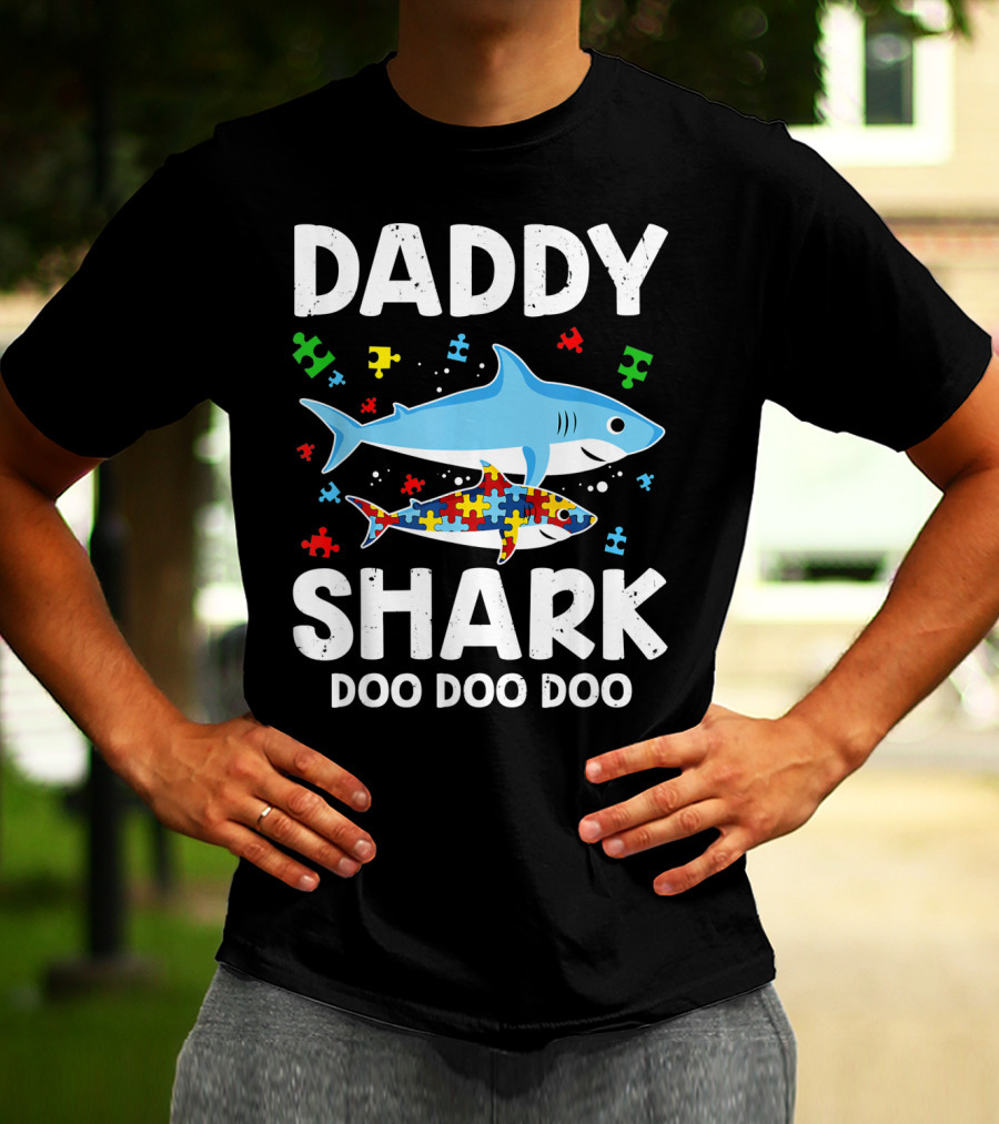 Daddy Shark Doo Doo Doo Autism Awareness Puzzle Piece T-Shirt
