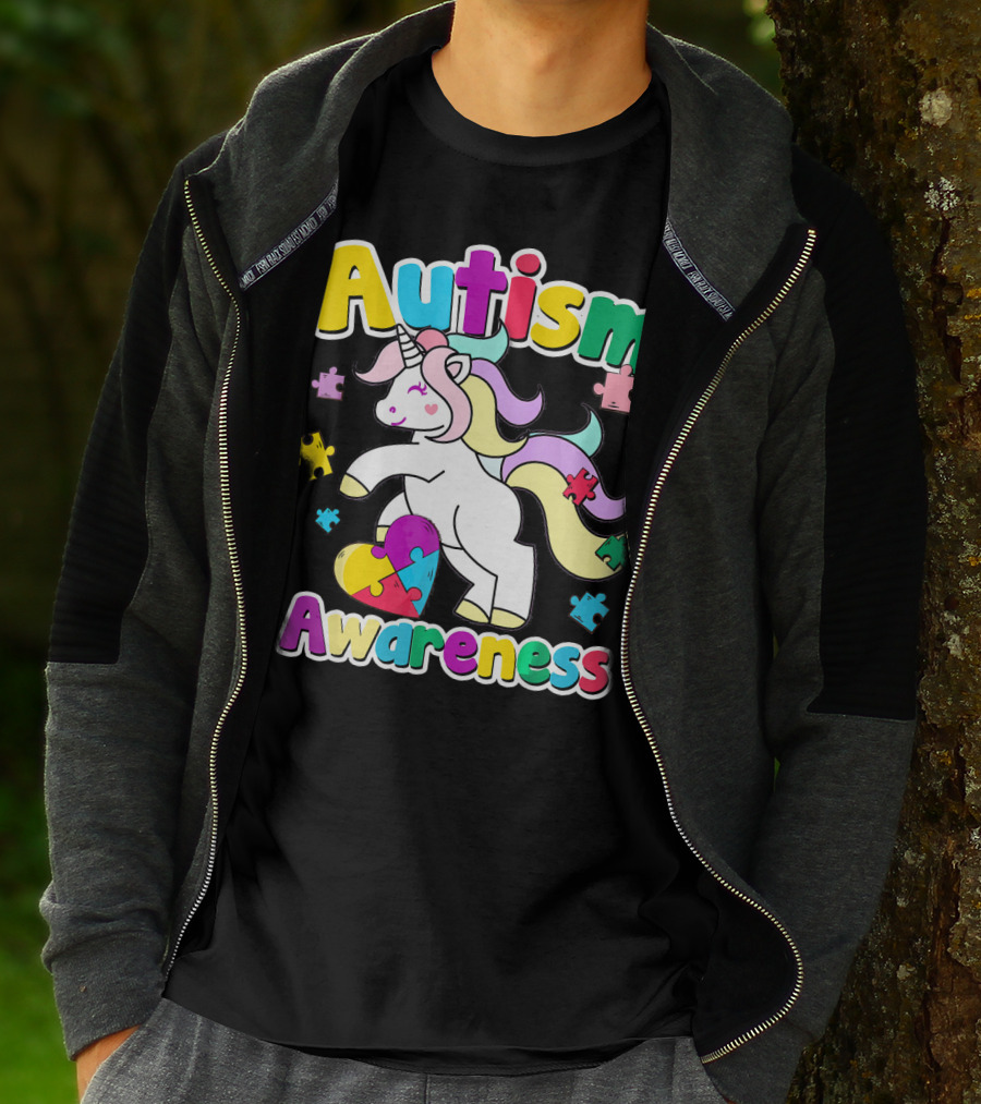 Autism Awareness Unicorn Puzzle Pieces Rainbow Heart T-Shirt