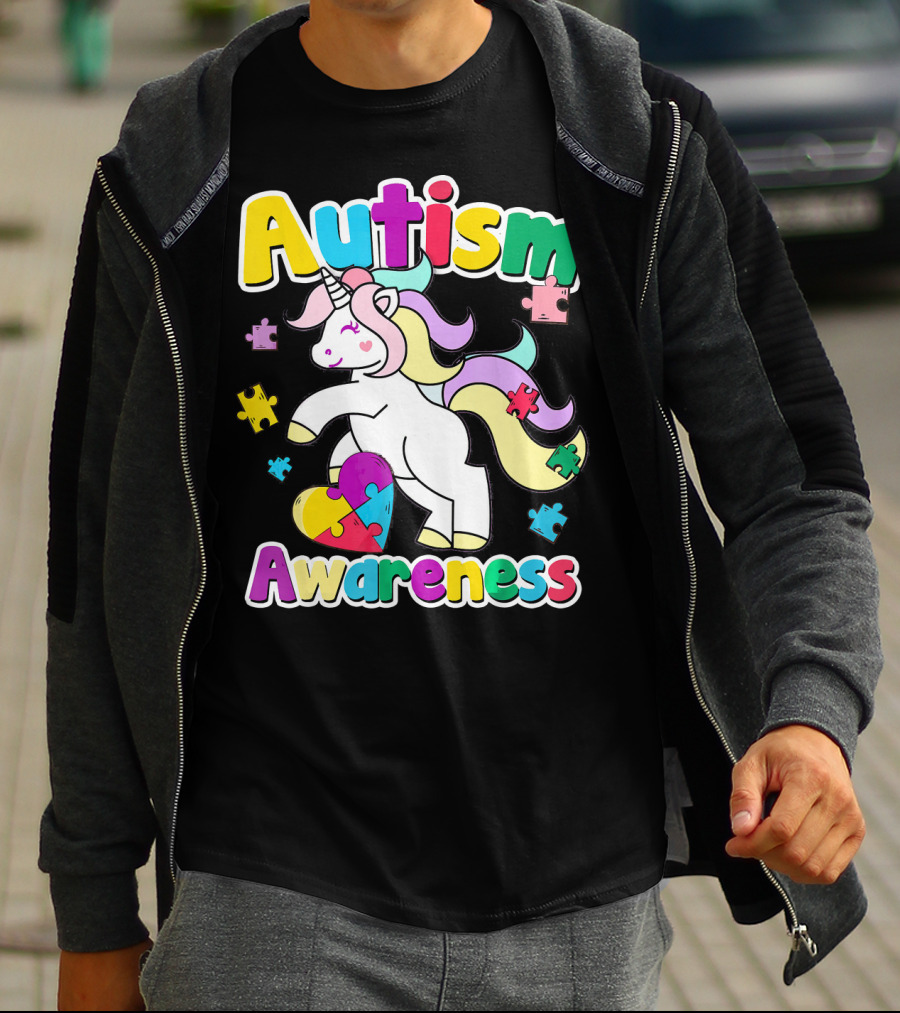 Autism Awareness Unicorn Puzzle Pieces Rainbow Heart T-Shirt