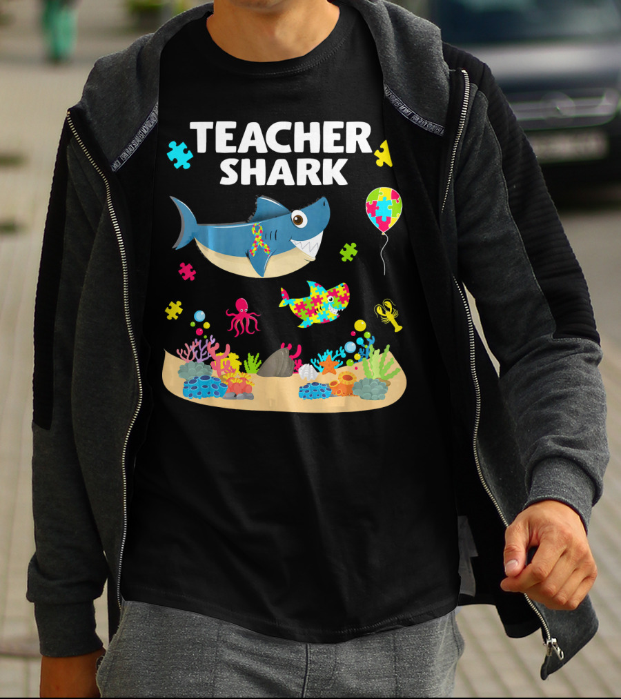 Teacher Shark Autism Awareness Ocean Puzzle Balloon Coral T-Shirt
