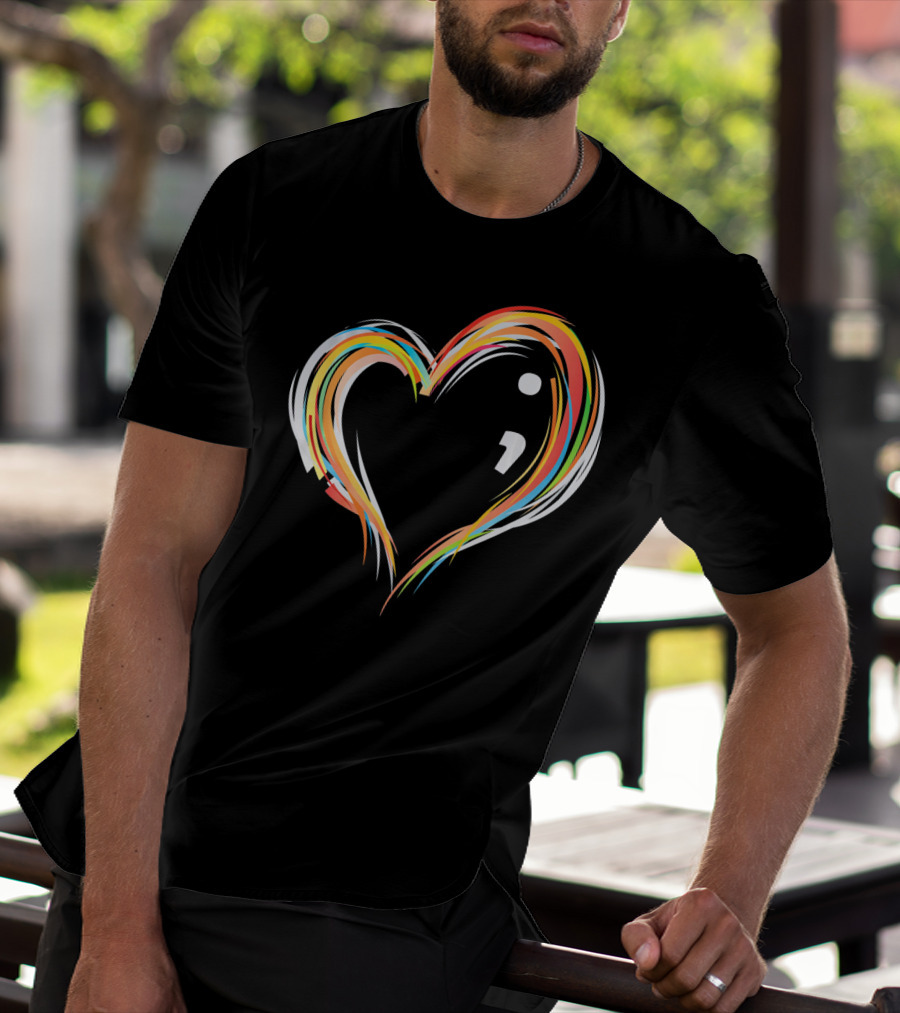 Heart Semicolon Rainbow Design For Mental Health Awareness T-Shirt