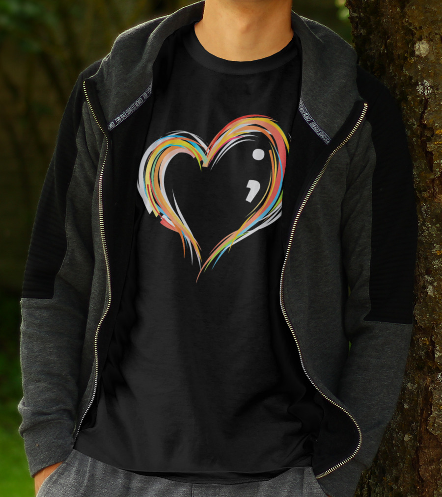 Heart Semicolon Rainbow Design For Mental Health Awareness T-Shirt