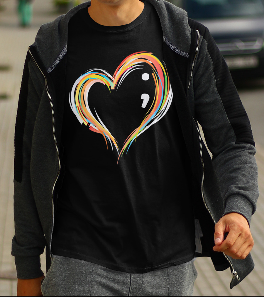 Heart Semicolon Rainbow Design For Mental Health Awareness T-Shirt
