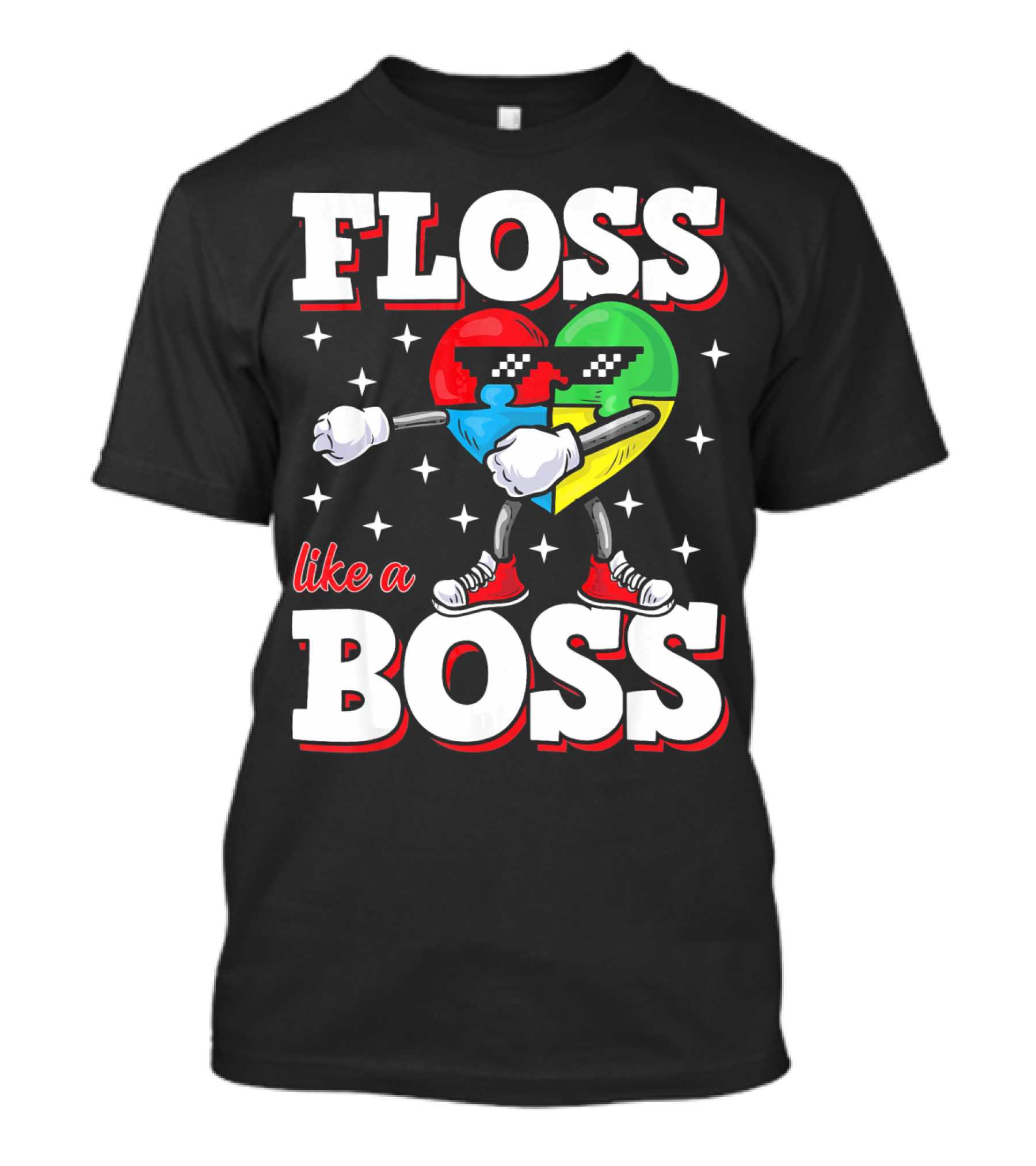 Floss Like A Boss Autism Awareness Heart With Cool Sunglasses T-Shirt