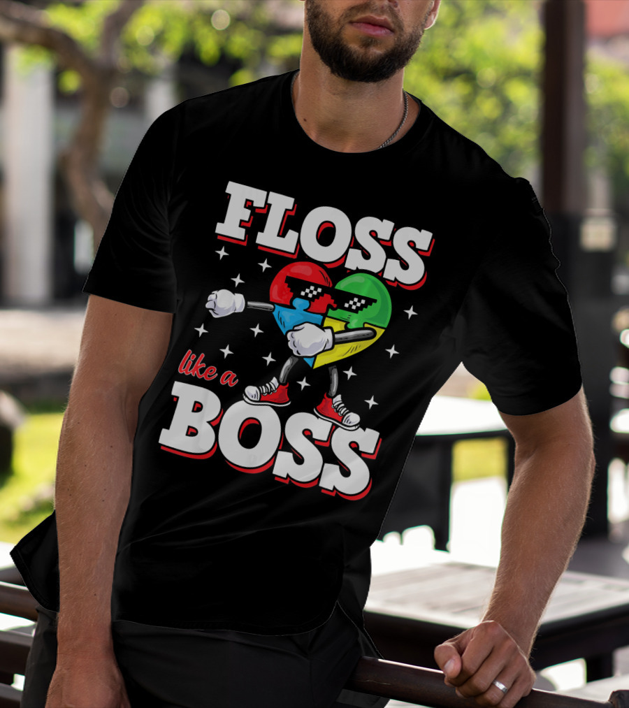 Floss Like A Boss Autism Awareness Heart With Cool Sunglasses T-Shirt