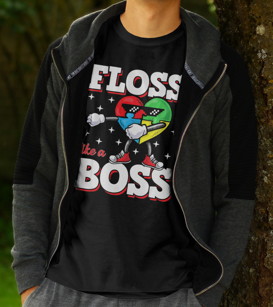 Floss Like A Boss Autism Awareness Heart With Cool Sunglasses T-Shirt
