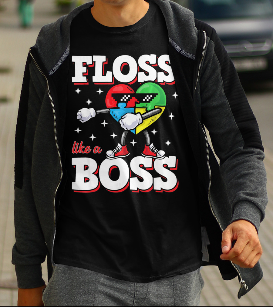 Floss Like A Boss Autism Awareness Heart With Cool Sunglasses T-Shirt