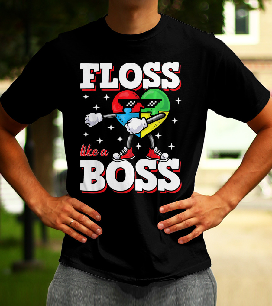 Floss Like A Boss Autism Awareness Heart With Cool Sunglasses T-Shirt