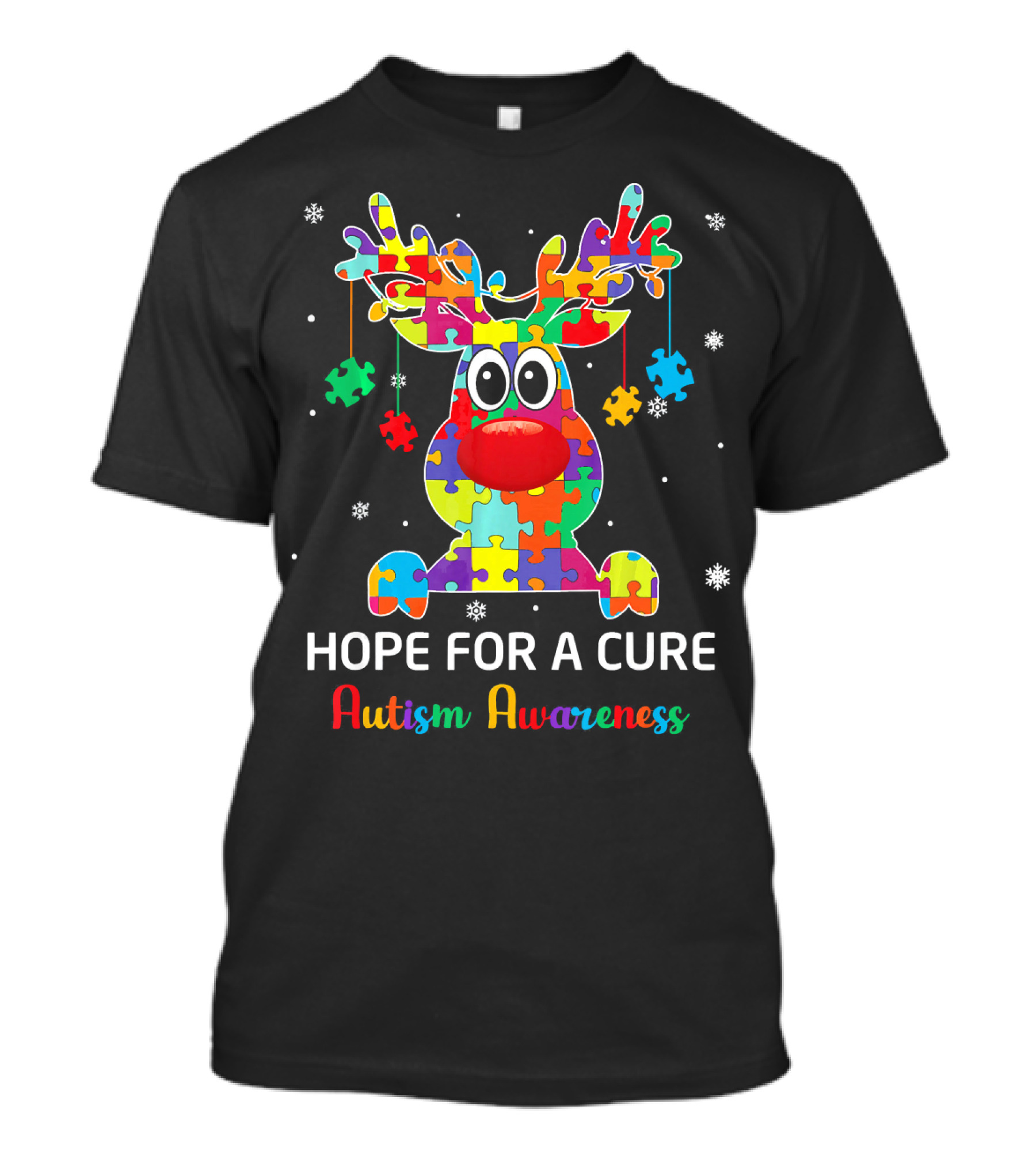 Hope For A Cure Autism Awareness Reindeer Puzzle Pieces Snowflakes T-Shirt