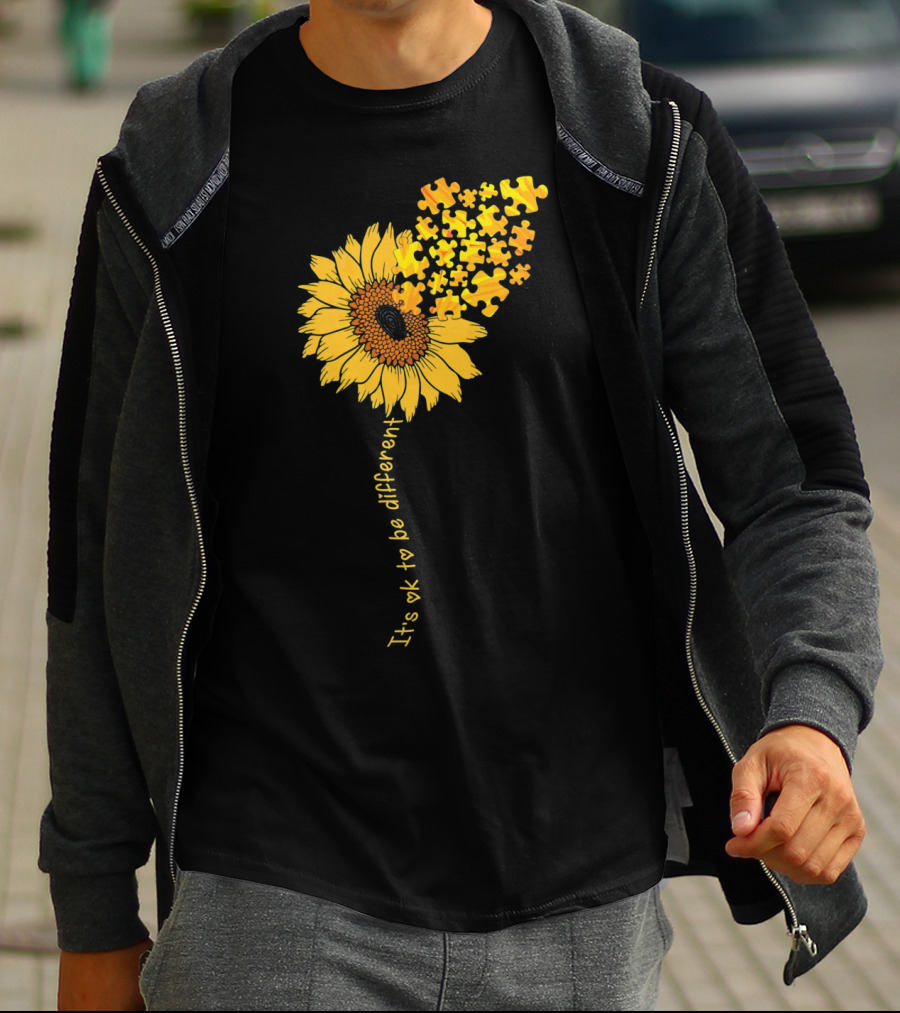 Love Sunflower Puzzle It's OK To Be Different Autism Awareness T-Shirt