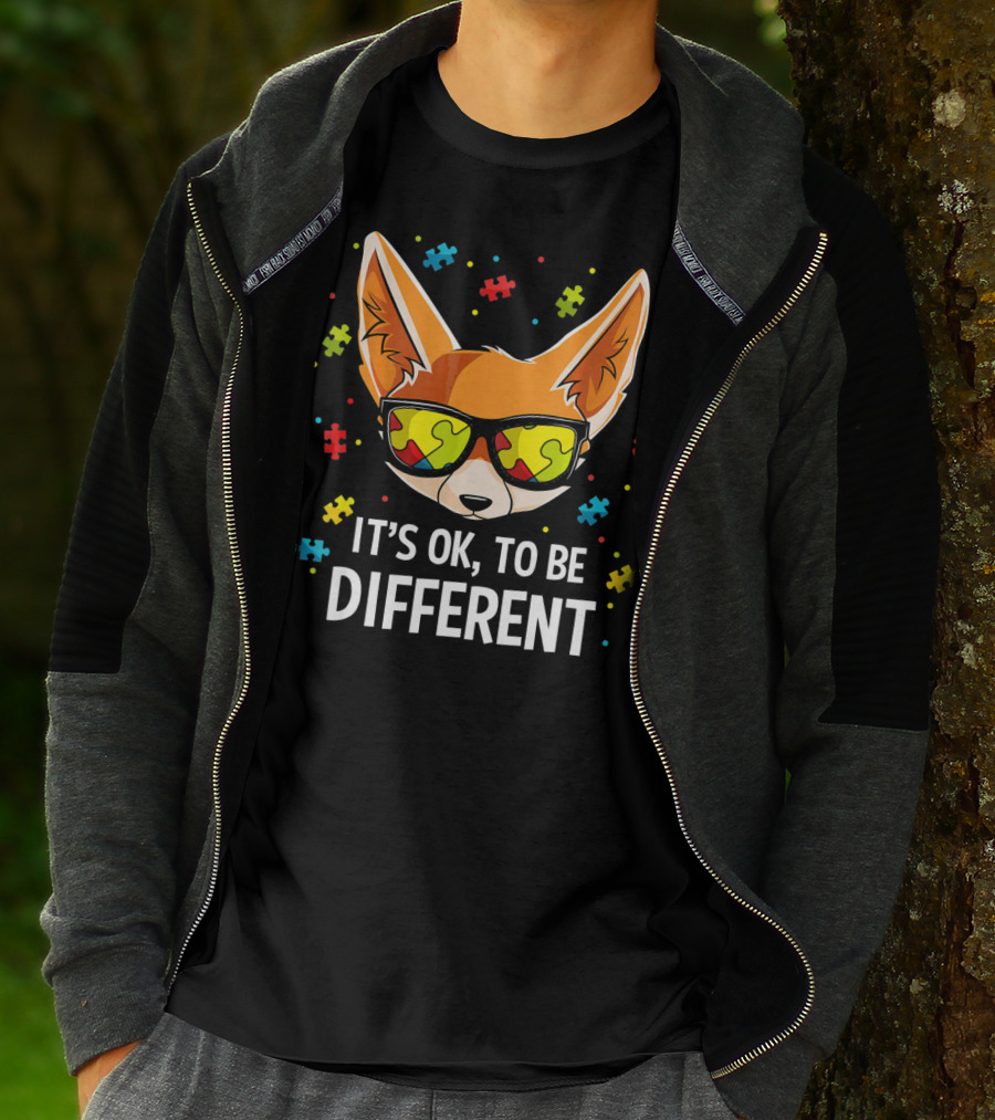 It's OK To Be Different Autism Awareness Puzzle Piece Fox T-Shirt