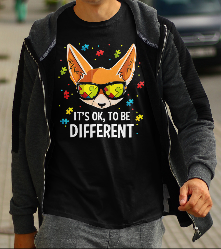 It's OK To Be Different Autism Awareness Puzzle Piece Fox T-Shirt