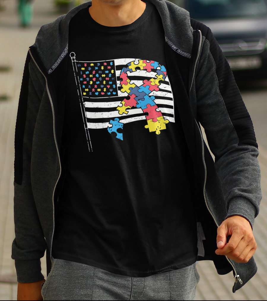 American Distressed Flag Puzzle Ribbon Autism Awareness T-Shirt