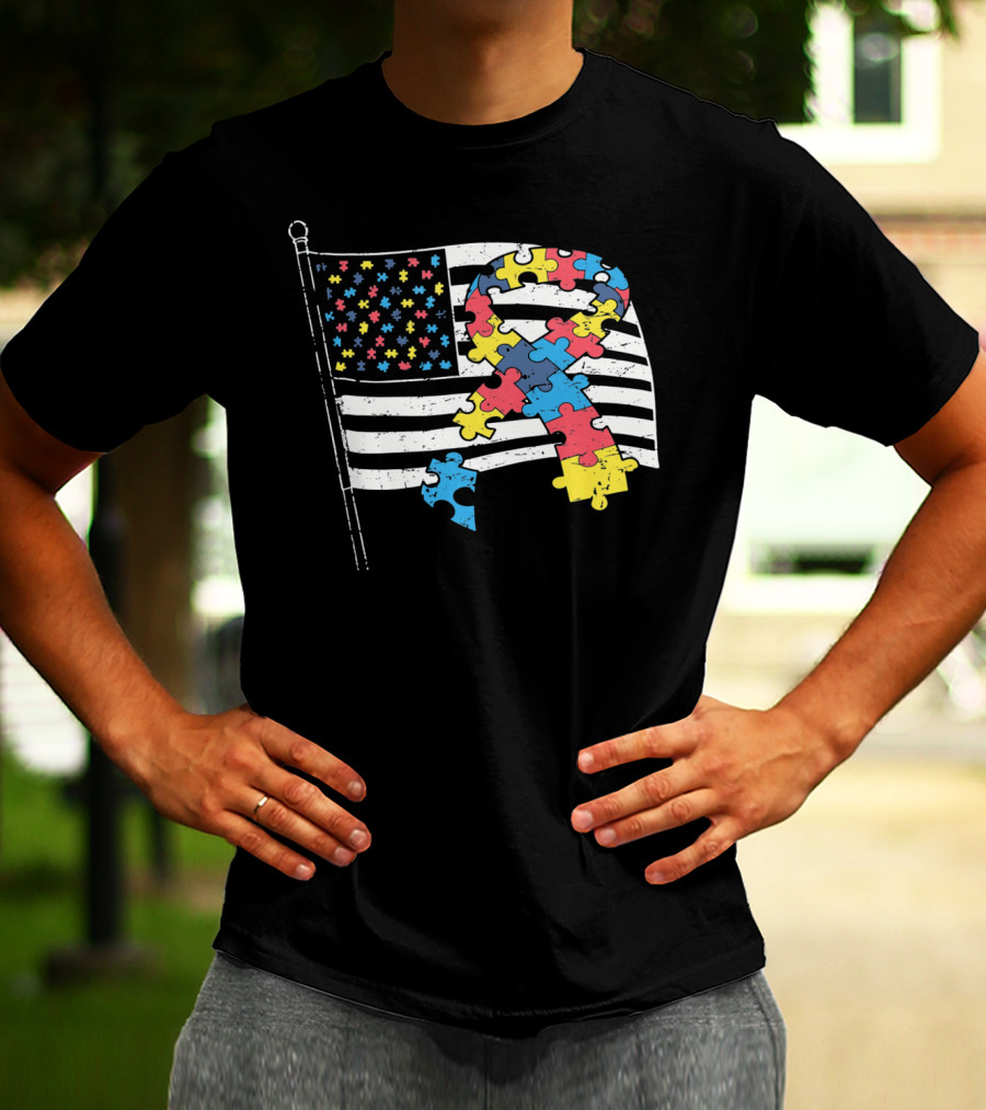 American Distressed Flag Puzzle Ribbon Autism Awareness T-Shirt