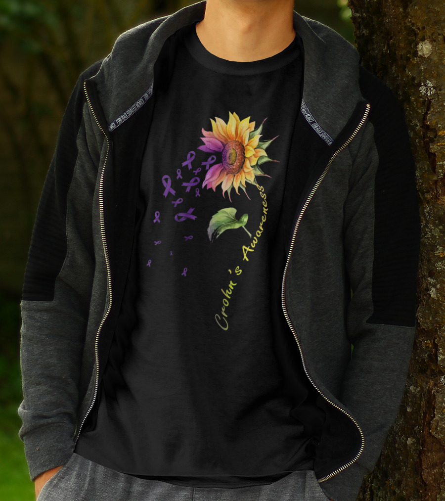 Crohn's Awareness Sunflower With Purple Ribbons T-Shirt
