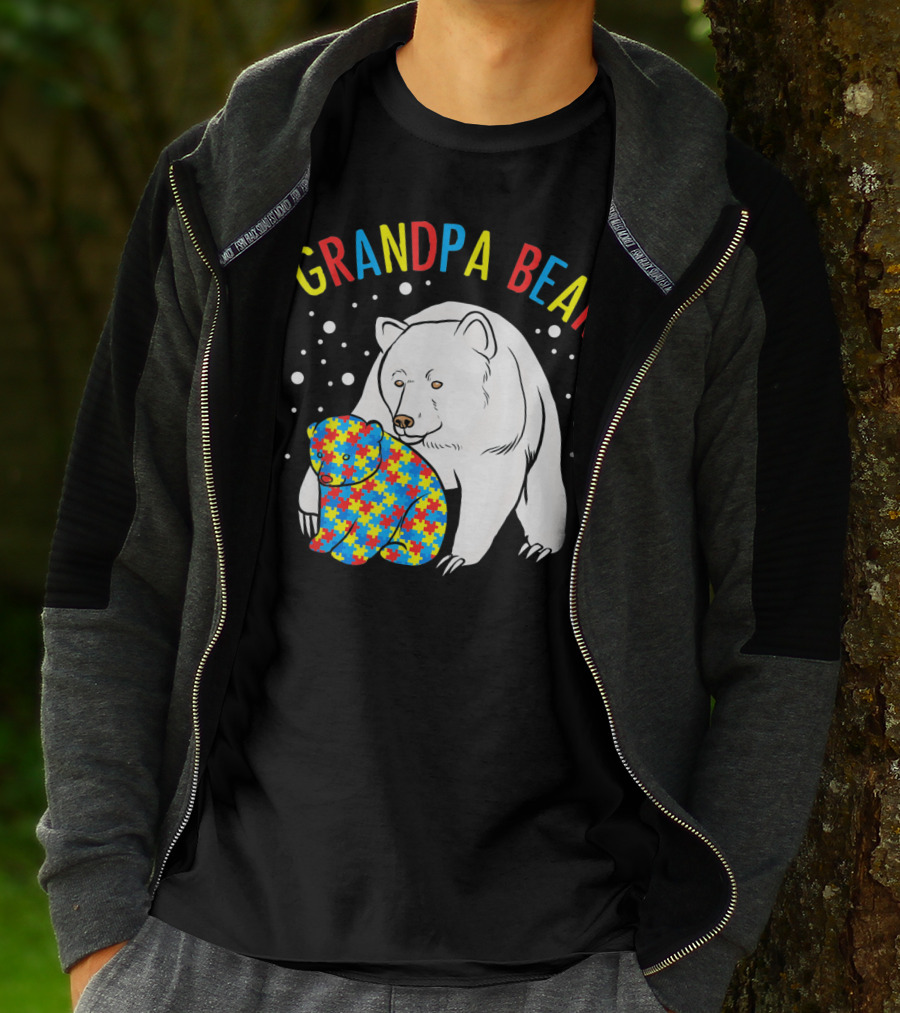 Grandpa Bear Mens Autism Awareness Puzzle Bear T-Shirt