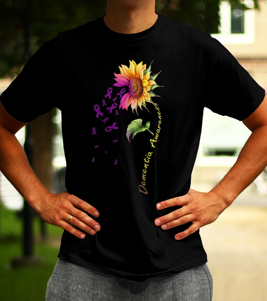 Dementia Awareness Sunflower With Purple Ribbons T-Shirt