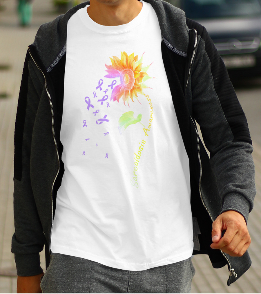 Sarcoidosis Awareness Sunflower With Purple Ribbons T-Shirt