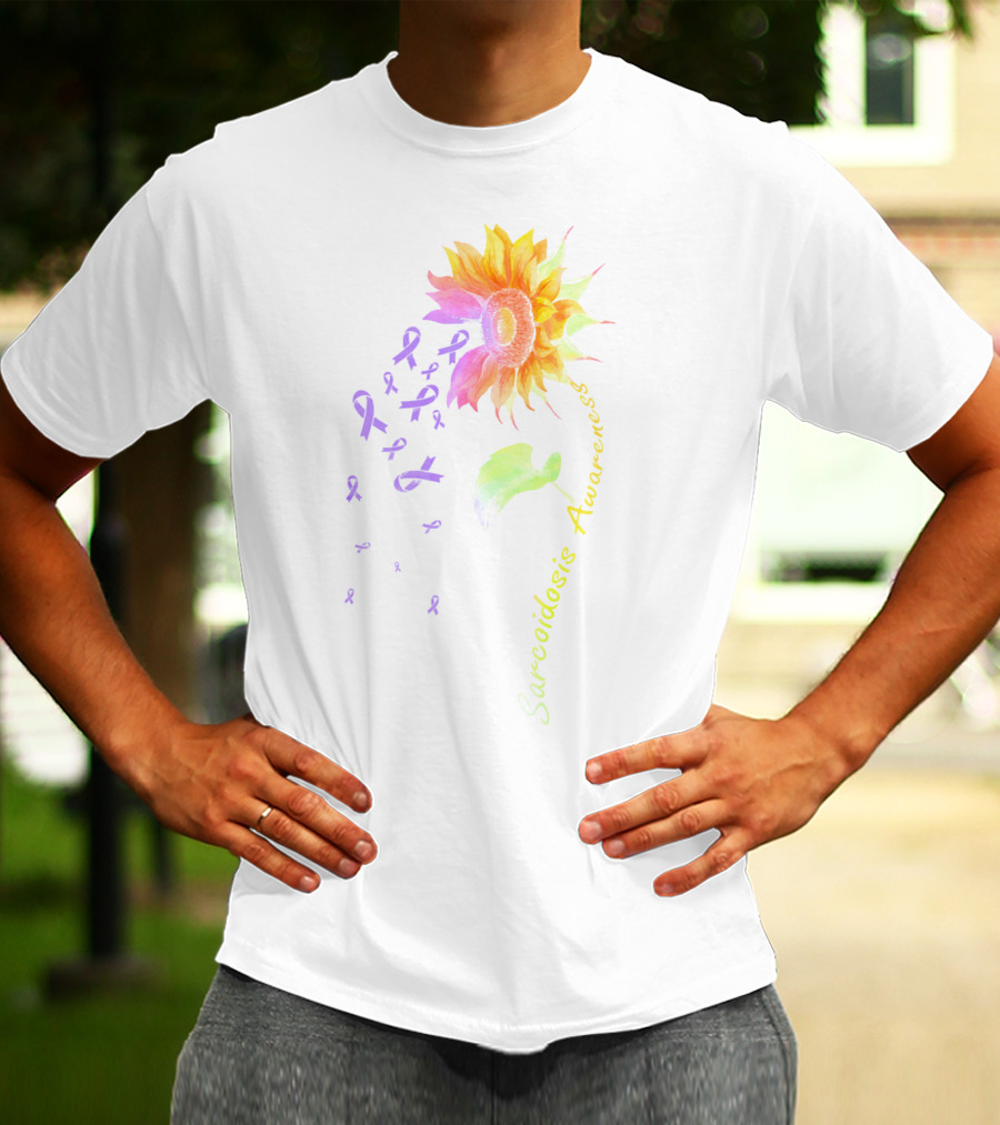 Sarcoidosis Awareness Sunflower With Purple Ribbons T-Shirt
