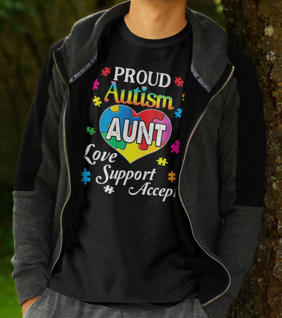 Proud Autism Aunt Heart Love Support Accept Puzzle Pieces T-Shirt